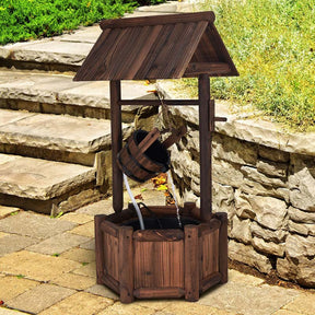 Outdoor Old-Fashioned Wishing Well Wood Waterfall Fountain with Bucket Pump, Rustic Farmhouse Decoration for Garden Backyard