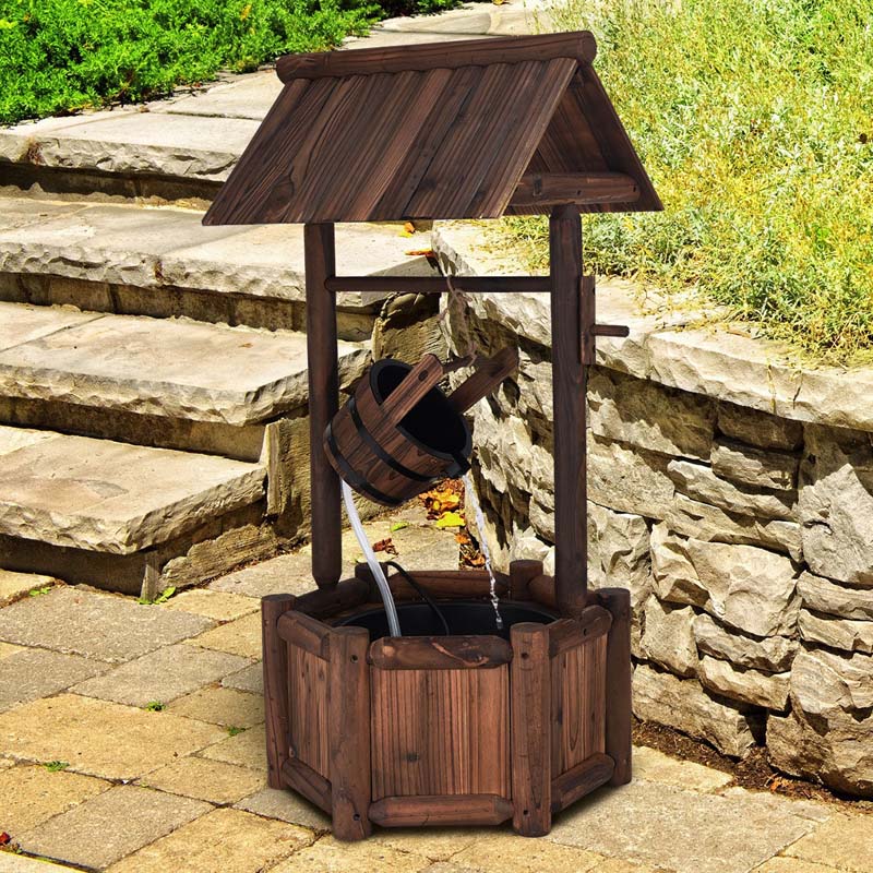 Outdoor Old-Fashioned Wishing Well Wood Waterfall Fountain with Bucket Pump, Rustic Farmhouse Decoration for Garden Backyard