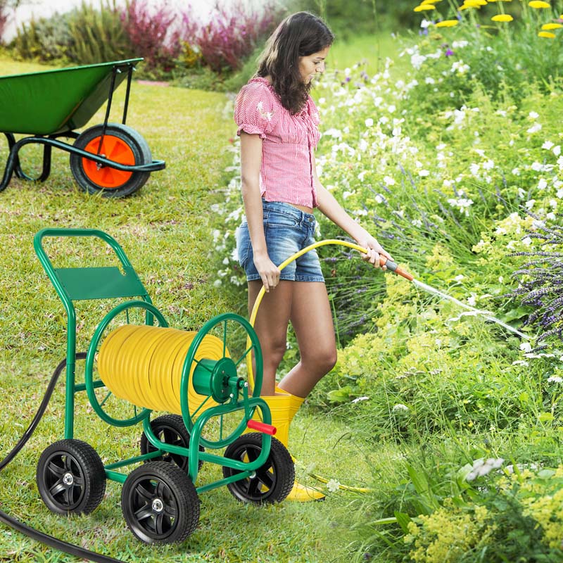 Green Garden Hose Reel Cart with Non-slip Grip, Outdoor Mobile Water Hose Cart, Hold 330 FT of 5/8" or 3/4", 400 FT of 1/2" Hose