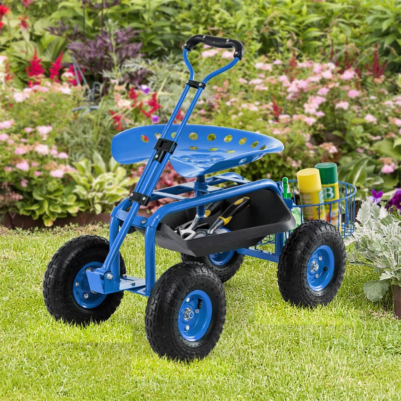Heavy Duty Rolling Garden Cart Workseat with Tool Tray, 360 Swivel Seat, Storage Basket, Extendable Steering Handle