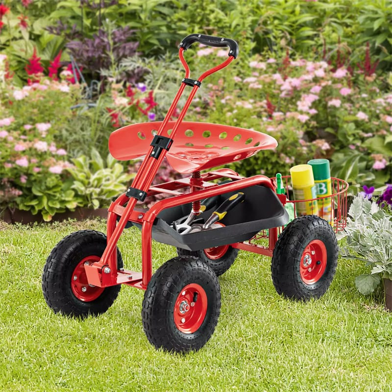 Heavy Duty Rolling Garden Cart Workseat with Tool Tray, 360 Swivel Seat, Storage Basket, Extendable Steering Handle