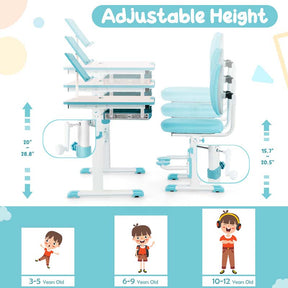 Height-Adjustable Kids Study Desk Chair Set, Tiltable Student Writing Table & Chair Set with Book Stand, Footrest