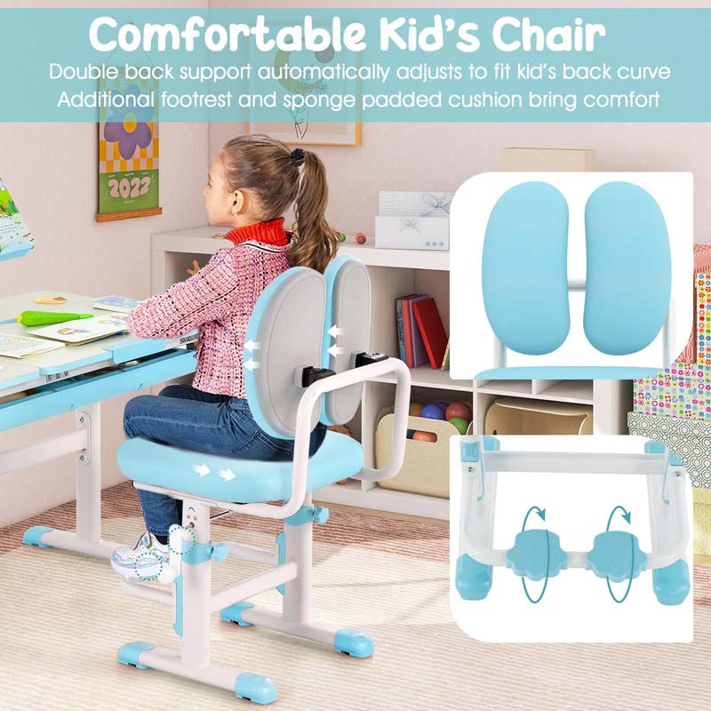 Height-Adjustable Kids Study Desk Chair Set, Tiltable Student Writing Table & Chair Set with Book Stand, Footrest