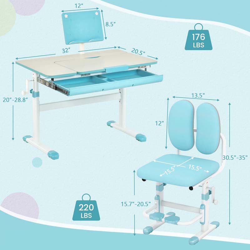 Height-Adjustable Kids Study Desk Chair Set, Tiltable Student Writing Table & Chair Set with Book Stand, Footrest