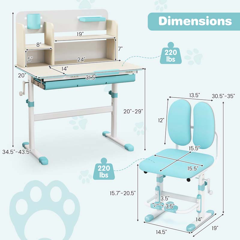 Height Adjustable Kids Desk Chair Set w/Tilt Desktop, Bookshelf, Storage Drawer Hutch, Pen Holder, Children School Study Table Chair