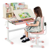 Height Adjustable Kids Desk Chair Set w/Tilt Desktop, Bookshelf, Storage Drawer Hutch, Pen Holder, Children School Study Table Chair