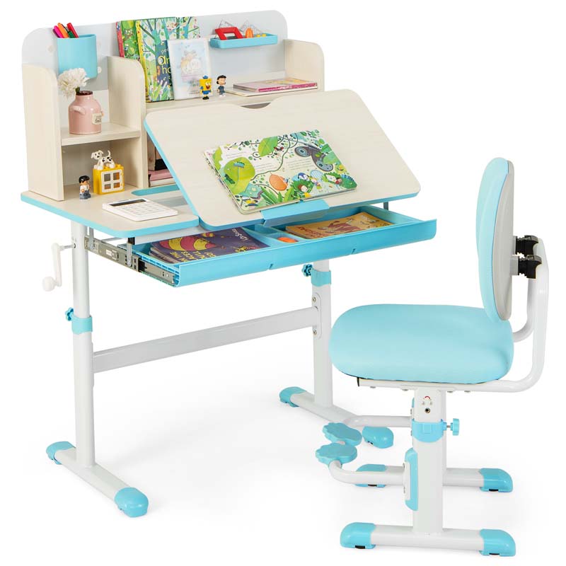 Height Adjustable Kids Desk Chair Set w/Tilt Desktop, Bookshelf, Storage Drawer Hutch, Pen Holder, Children School Study Table Chair