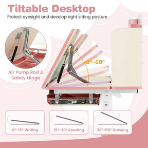 Height Adjustable Kids Desk Chair Set w/Tilt Desktop, Bookshelf, Storage Drawer Hutch, Pen Holder, Children School Study Table Chair