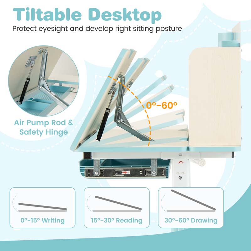 Height Adjustable Kids Desk Chair Set w/Tilt Desktop, Bookshelf, Storage Drawer Hutch, Pen Holder, Children School Study Table Chair