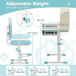 Height Adjustable Kids Desk Chair Set w/Tilt Desktop, Bookshelf, Storage Drawer Hutch, Pen Holder, Children School Study Table Chair