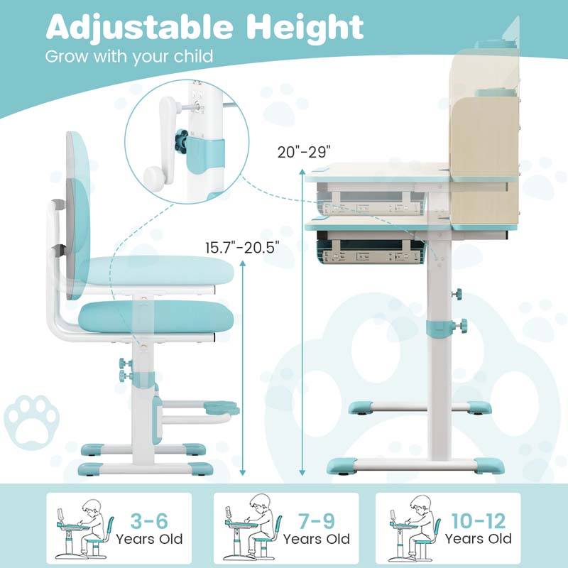 Height Adjustable Kids Desk Chair Set w/Tilt Desktop, Bookshelf, Storage Drawer Hutch, Pen Holder, Children School Study Table Chair