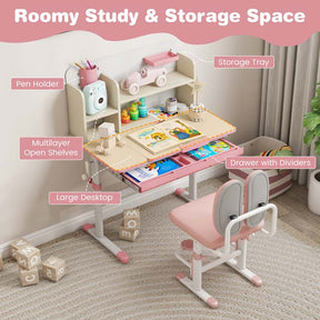 Height Adjustable Kids Desk Chair Set w/Tilt Desktop, Bookshelf, Storage Drawer Hutch, Pen Holder, Children School Study Table Chair