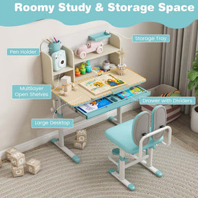 Height Adjustable Kids Desk Chair Set w/Tilt Desktop, Bookshelf, Storage Drawer Hutch, Pen Holder, Children School Study Table Chair