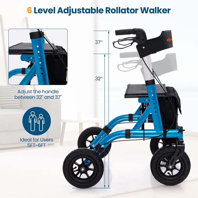 Foldable Rolling Walker with 9.5" All Terrain Pneumatic Wheel, Heavy Duty Height Adjustable Rollator Walker with Seat for Seniors