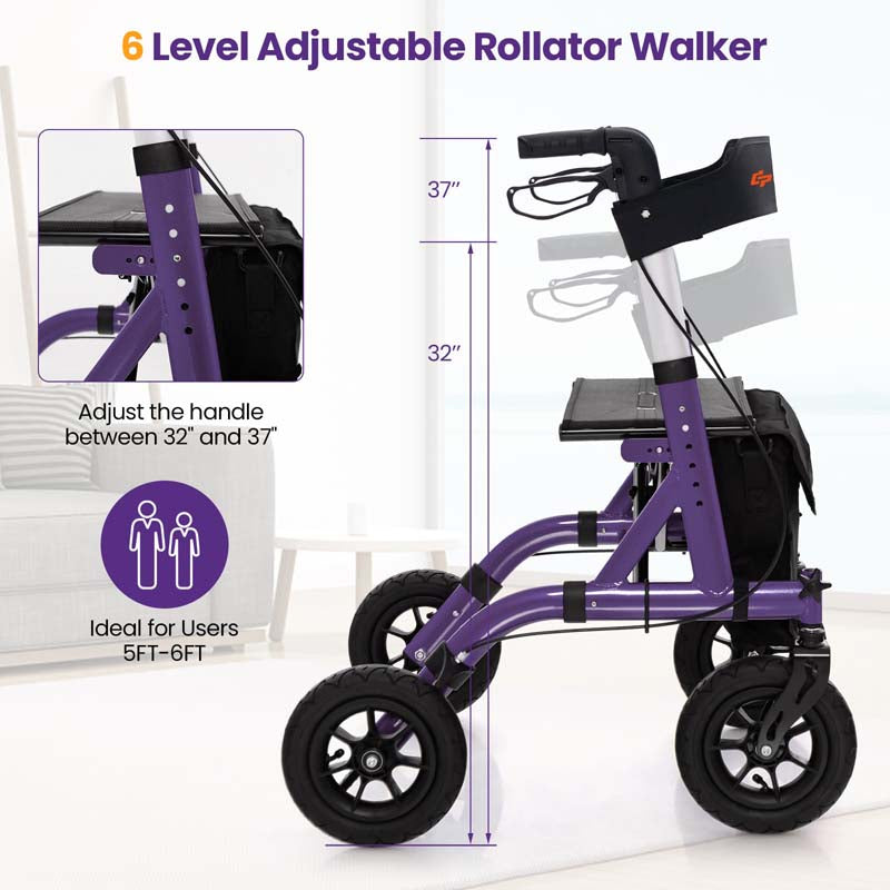 Foldable Rolling Walker with 9.5" All Terrain Pneumatic Wheel, Heavy Duty Height Adjustable Rollator Walker with Seat for Seniors