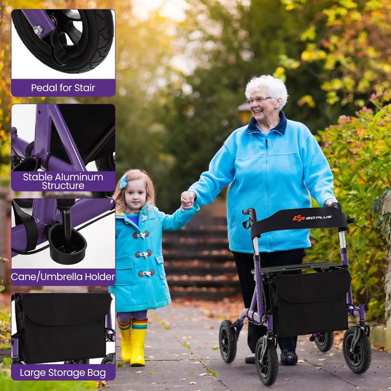 Foldable Rolling Walker with 9.5" All Terrain Pneumatic Wheel, Heavy Duty Height Adjustable Rollator Walker with Seat for Seniors