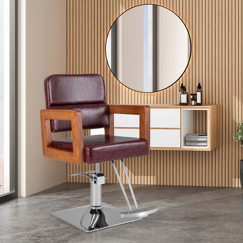 Sleek Red 360° Swivel Barber Salon Chair for Hair Stylist with Wood Armrest, Adjustable Height, Heavy-Duty Hydraulic Pump