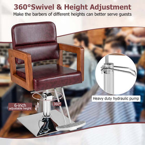 Sleek Red 360° Swivel Barber Salon Chair for Hair Stylist with Wood Armrest, Adjustable Height, Heavy-Duty Hydraulic Pump