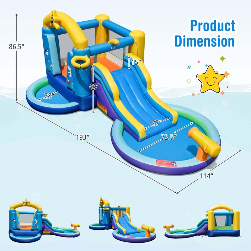 Ocean-Themed Bounce House Water Park Inflatable Water Slide with 735w Blower, Ball Pit & Splash Pool for Kids Outdoor Fun