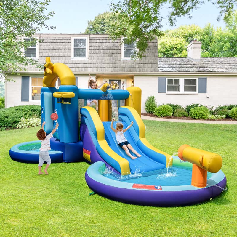 Ocean-Themed Bounce House Water Park Inflatable Water Slide with 735w Blower, Ball Pit & Splash Pool for Kids Outdoor Fun