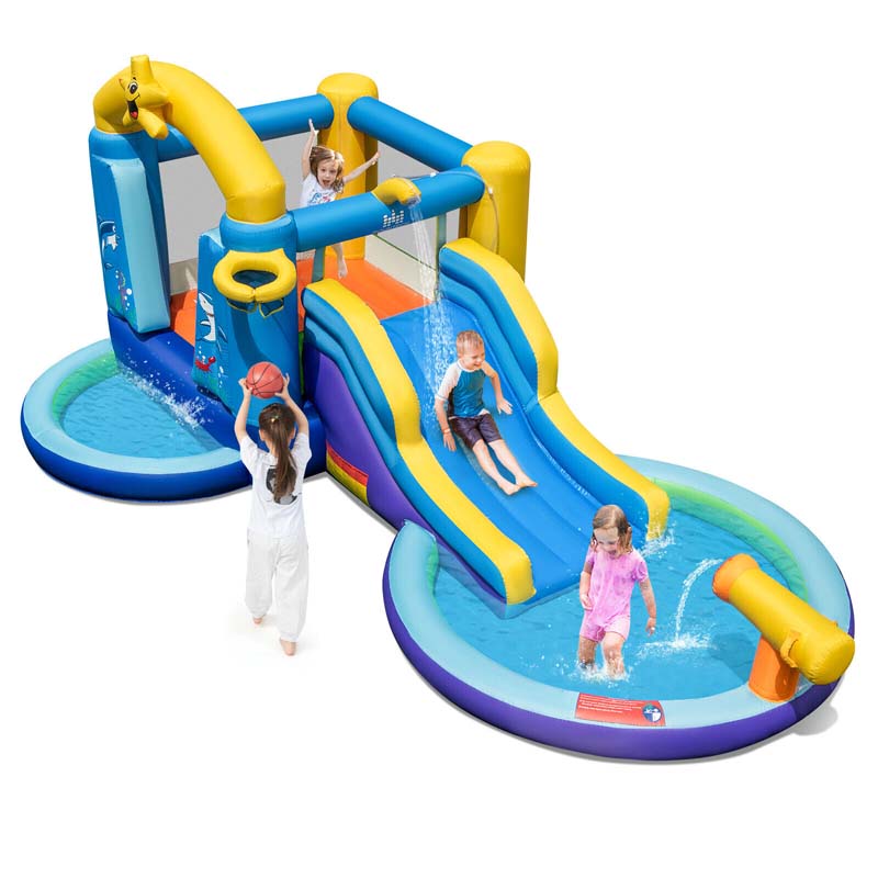 Ocean-Themed Bounce House Water Park Inflatable Water Slide with 735w Blower, Ball Pit & Splash Pool for Kids Outdoor Fun