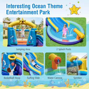 Ocean-Themed Bounce House Water Park Inflatable Water Slide with 735w Blower, Ball Pit & Splash Pool for Kids Outdoor Fun