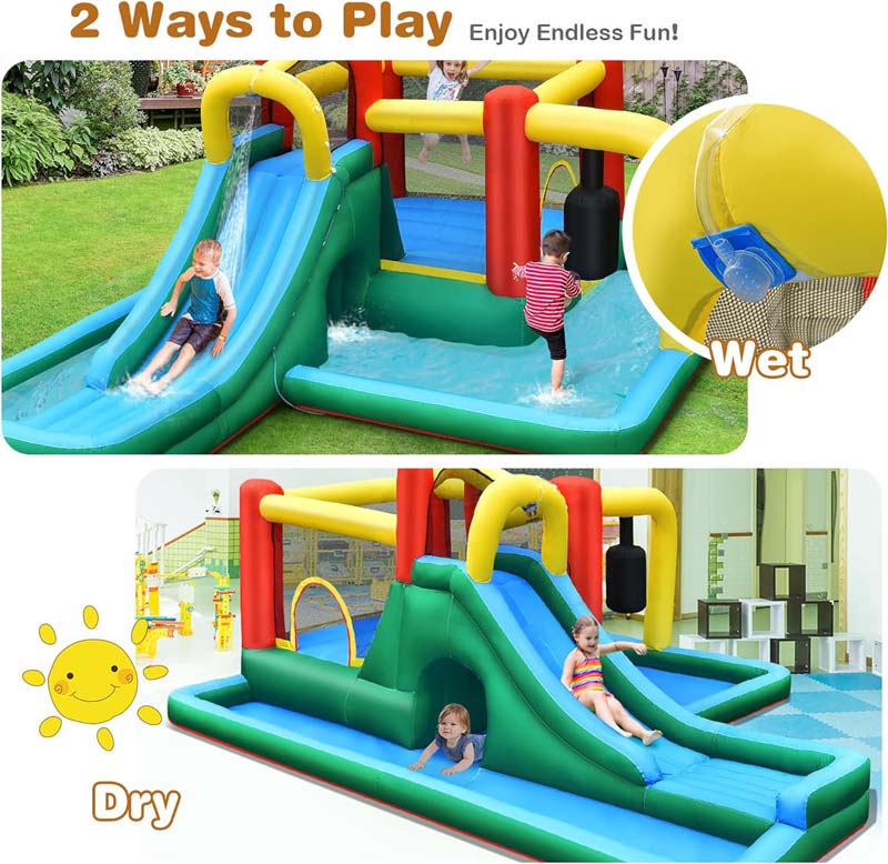 6-in-1 Inflatable Water Slide with 735W Blower, Outdoor Giant Jumping Water Bounce House Water Park w/Splash Pool, Pendulum