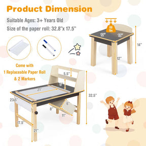 Kids Art Table and Chair Set with Paper Roll, 2 Storage Bins, Kids Activity Play Table Set Wooden Drawing Painting Craft Center