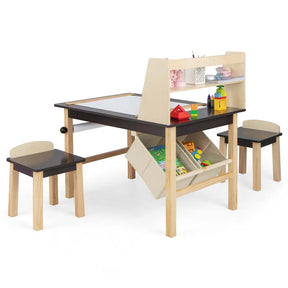 Kids Art Table and Chair Set with Paper Roll, 2 Storage Bins, Kids Activity Play Table Set Wooden Drawing Painting Craft Center