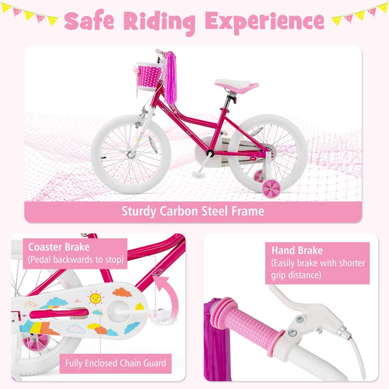 18" Kids Bike with Removable Training Wheels, Adjustable Seat, Steel Frame & Brake, Kids Bicycle for 4-9 Years Old Toddler Girls Boys