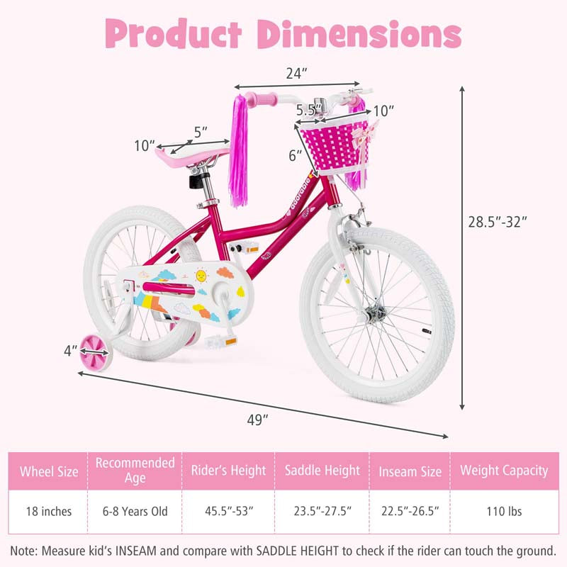 18" Kids Bike with Removable Training Wheels, Adjustable Seat, Steel Frame & Brake, Kids Bicycle for 4-9 Years Old Toddler Girls Boys