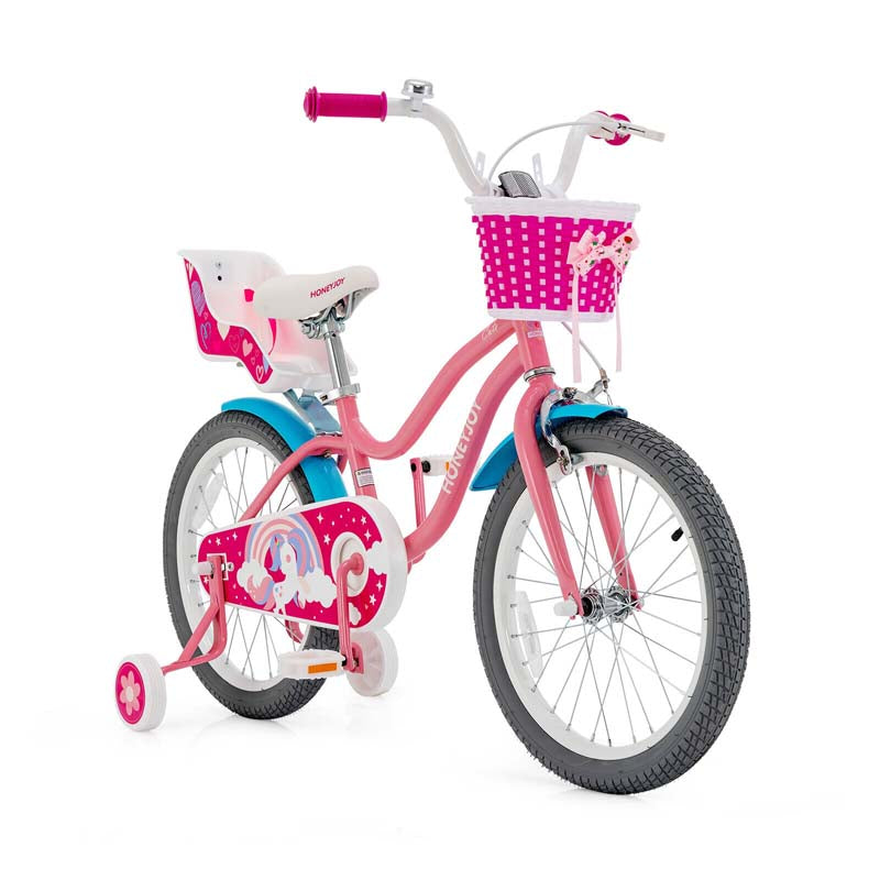 14"/18" Kids Bicycle with Removable Training Wheels, Coaster Brake, Handbrake, Basket & Doll Chair, Toddler Girls & Boys Bike for Age 3-9