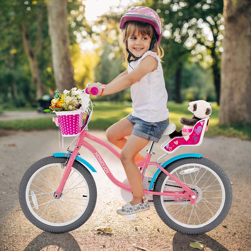 14"/18" Kids Bicycle with Removable Training Wheels, Coaster Brake, Handbrake, Basket & Doll Chair, Toddler Girls & Boys Bike for Age 3-9