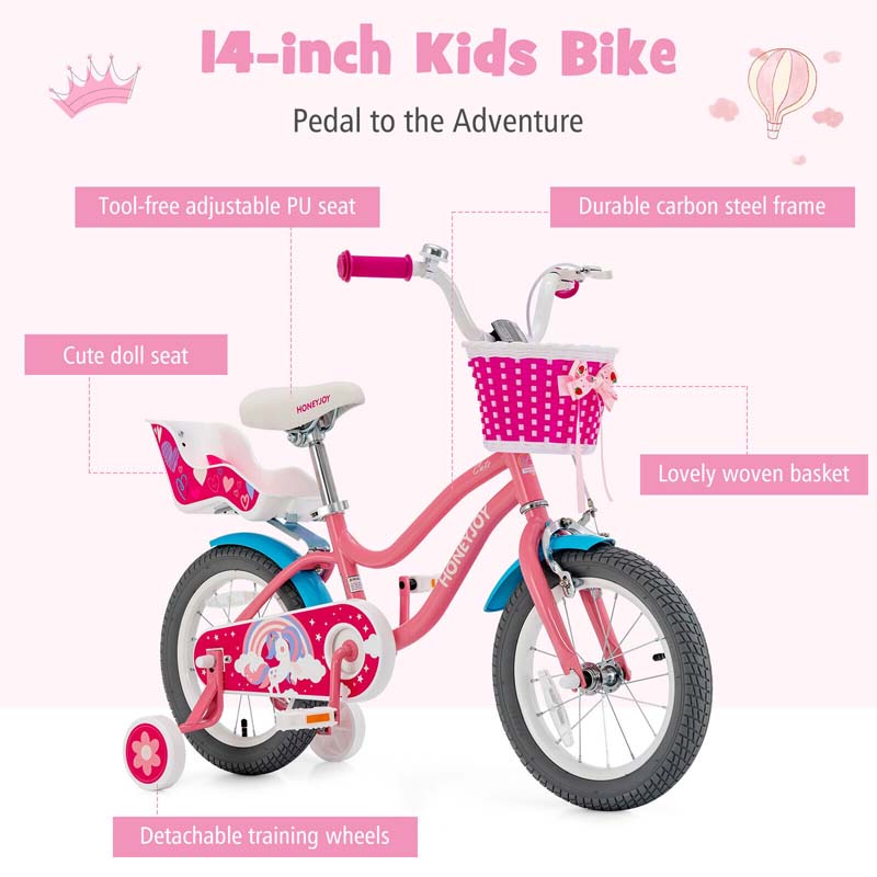 14"/18" Kids Bicycle with Removable Training Wheels, Coaster Brake, Handbrake, Basket & Doll Chair, Toddler Girls & Boys Bike for Age 3-9