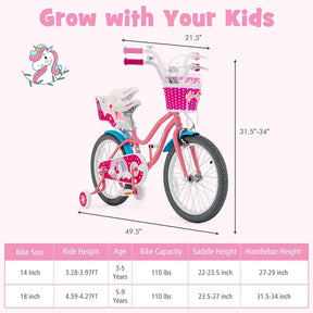 14"/18" Kids Bicycle with Removable Training Wheels, Coaster Brake, Handbrake, Basket & Doll Chair, Toddler Girls & Boys Bike for Age 3-9