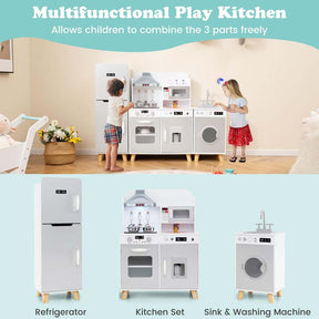 3 Pcs Kids Kitchen Playset Modular Wooden Toy Kitchen Set w/Refrigerator, Washing Machine, Range Hood, Little Chef Pretend Play Kitchen for Toddlers