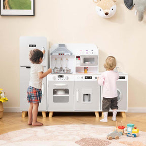 3 Pcs Kids Kitchen Playset Modular Wooden Toy Kitchen Set w/Refrigerator, Washing Machine, Range Hood, Little Chef Pretend Play Kitchen for Toddlers