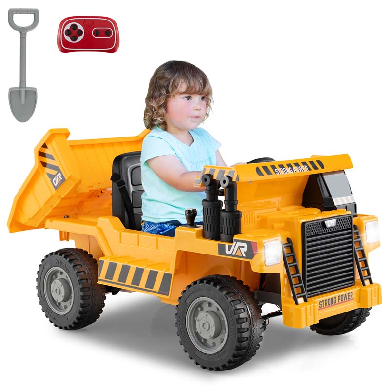 12V Kids Ride on Dump Truck w/Dump Bed, Battery Operated Electric Construction Vehicle Toy Car for Boys Girls Gift