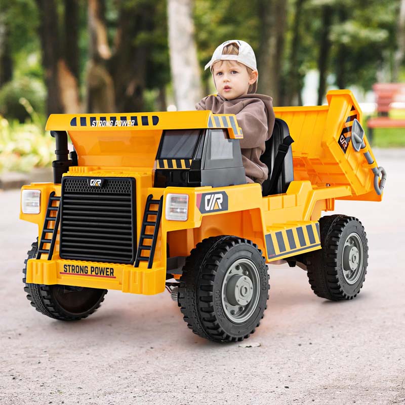 12V Kids Ride on Dump Truck w/Dump Bed, Battery Operated Electric Construction Vehicle Toy Car for Boys Girls Gift