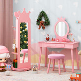 Kids Princess Vanity Table Stool and 360° swivel Free-standing Jewelry Cabinet with Full-length Mirror and Drawer