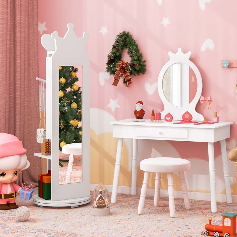 Kids Princess Vanity Table Stool and 360° swivel Free-standing Jewelry Cabinet with Full-length Mirror and Drawer