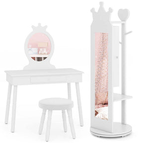 Kids Princess Vanity Table Stool and 360° swivel Free-standing Jewelry Cabinet with Full-length Mirror and Drawer