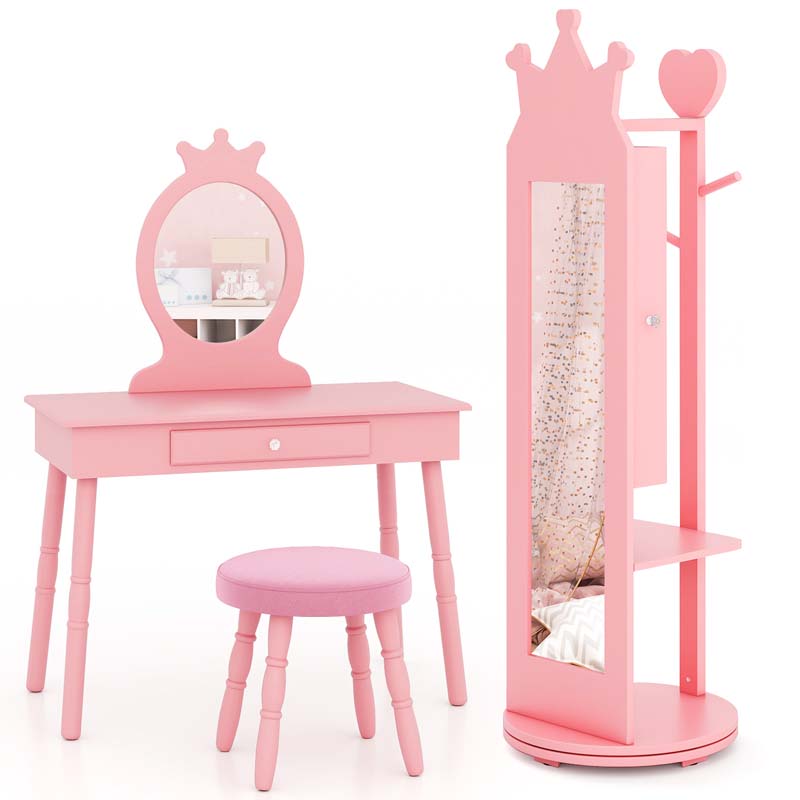 Kids Princess Vanity Table Stool and 360° swivel Free-standing Jewelry Cabinet with Full-length Mirror and Drawer