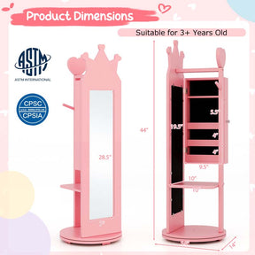 Kids Princess Vanity Table Stool and 360° swivel Free-standing Jewelry Cabinet with Full-length Mirror and Drawer