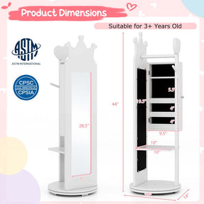 Kids Princess Vanity Table Stool and 360° swivel Free-standing Jewelry Cabinet with Full-length Mirror and Drawer