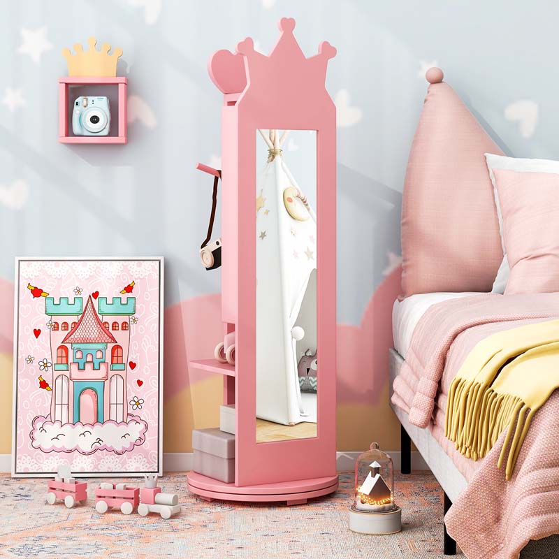 Kids Princess Vanity Table Stool and 360° swivel Free-standing Jewelry Cabinet with Full-length Mirror and Drawer