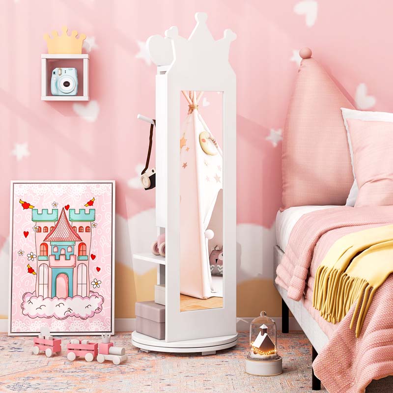 Kids Princess Vanity Table Stool and 360° swivel Free-standing Jewelry Cabinet with Full-length Mirror and Drawer