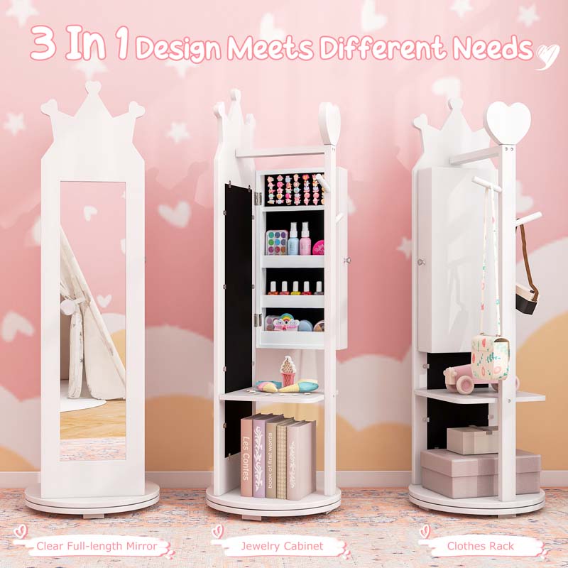 Kids Princess Vanity Table Stool and 360° swivel Free-standing Jewelry Cabinet with Full-length Mirror and Drawer