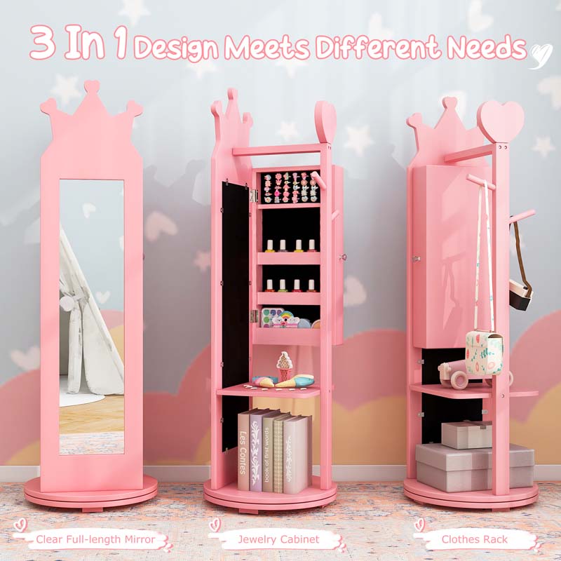 Kids Princess Vanity Table Stool and 360° swivel Free-standing Jewelry Cabinet with Full-length Mirror and Drawer