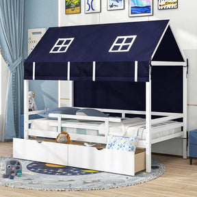 Twin House Bed with Tent, 2 Storage Drawers, Solid Wood Daybed Frame with Rails and Roof, Twin Montessori Bed for Kids Boys Girls Teens